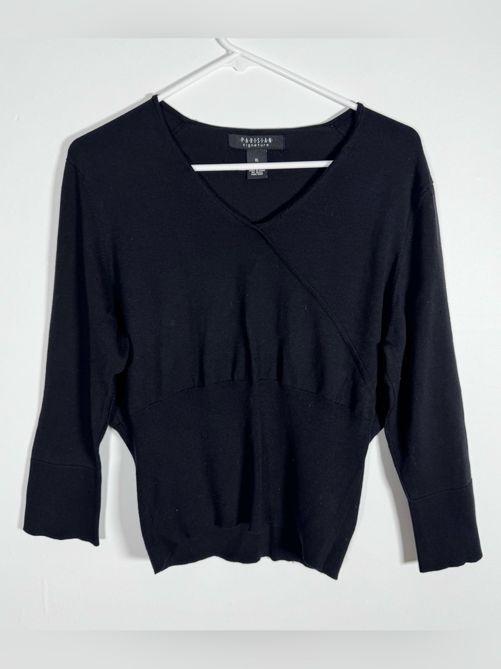Parisian Signature Silk Blend Faux Wrap Black Long Sleeve Sweater Sz XL